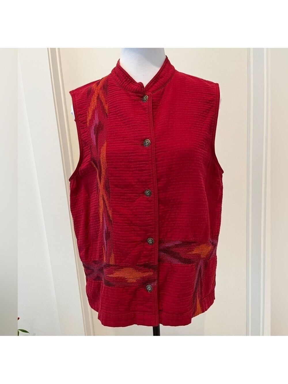 SUSAN BRISTOL 100% Cotton Button Front Red Vest Western Southwestern Boho Layer